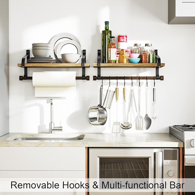 Love-KANKEI 17.3"Floating Wall Shelf Solid Wood,Coffee Bar Carbonized Black | Spice Rack,Towel Bar/8 Hooks,40 Lbs/shelf,Easy to Install,For Kitchen,Bathroom,Living Room,Bedroom,Office,Entryway Display