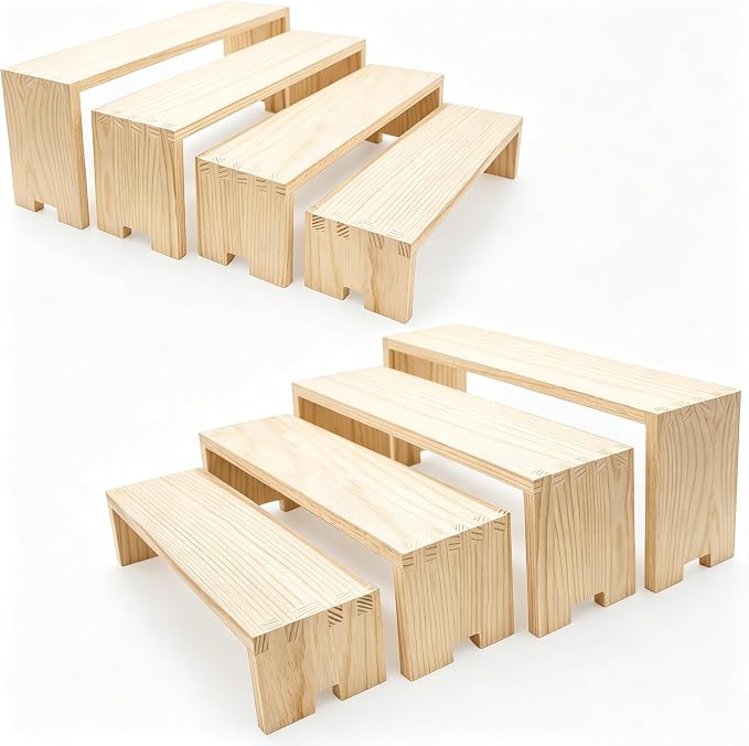 Yikaroeli 2 Set Large Wood Display Risers Display Stands Wooden Cupcake Stand Dessert Food Buffet Risers for Vendor Events 4 Tiered 8Pcs Table Sets Cake for Display