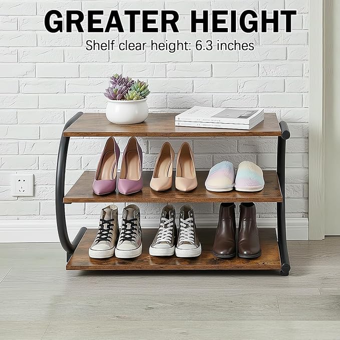 Shoe Rack for Entryway, C-Shaped 3-Tier 26” Wide Wood Shoe Storage | Space Saving Shoe Organizer, Wooden Shelves, Curved Metal Frame, Adjustable Feet, for Front Door Entrance, Closet, Hallway