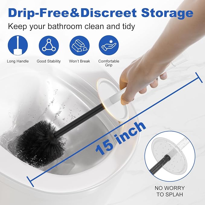 Toilet Brush and Holder Set：304 Stainless Steel Heavy Duty Toilet Bowl Brush，Removable Inner Bowl and Splash Protection，Bathroom Toilet Brush-Dense Bristles for Through Cleaning