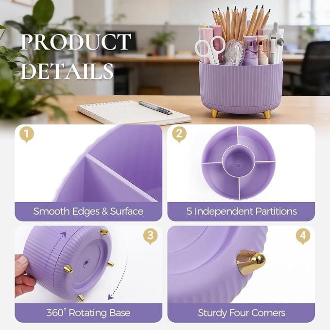 KONVINIT Pencil Pen Holder for Desk, 5 Slots 360-Degree Rotating Desktop Organizer, Cute Desk Organizers and Accessories for School, Home, Office and Art Supply, Purple