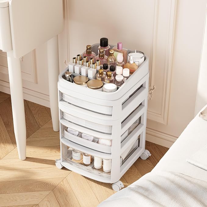 Rolling Cart with 4 Drawers, Clear Plastic Drawer Organizers, Dust Proof Under Desk Storage for Makeup, Skincare, Art Crafts and Baby Items, Acrylic Cosmetic Organizer with Dividers, Vanity Cart