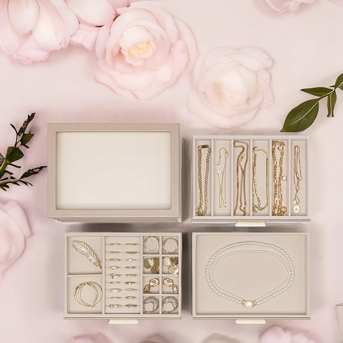 VLANDO 3-Drawer Jewelry Box with Glass Lid, Faux Leather Organizer for Rings Earrings Necklaces and More, Gift-Ready Jewelry Case for Women Girls or Moms, Latte