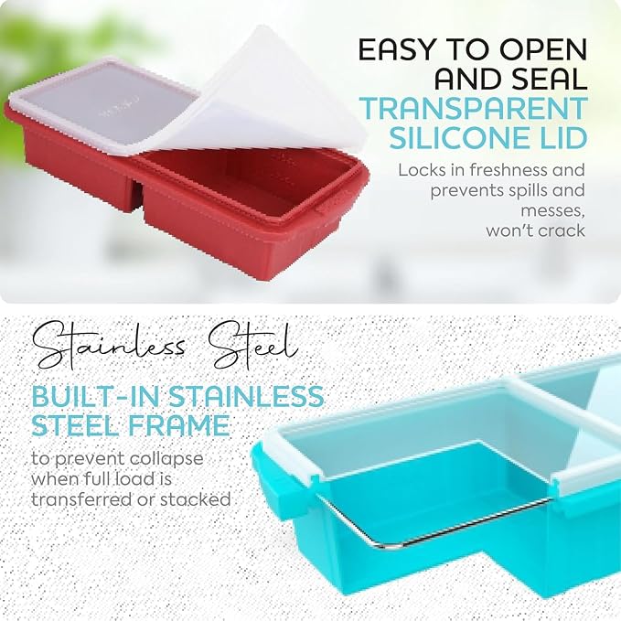 Silicone Freezer Tray With Lid-Soup Freezer Container molds-Large Ice Cube Tray Set Makes 1-Cup & 2-Cup portions cubes Perfect for preparing meals in different portion sizes Oven & Dishwasher -Safe