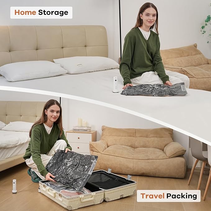 Vacuum Storage Bags for Travel with Wireless Rechargeable Air Pump, 8 Pack Travel Essentials Space Saver Compression Bag for Luggage, Suitcase, Backpack, Vacuum Seal Bags for Home Storage Clothing