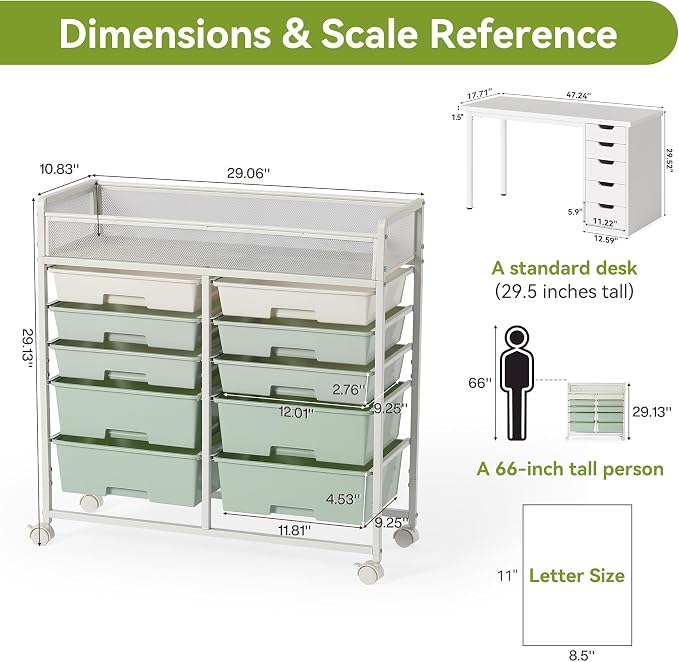2 Pack Craft Cart with Wheels, Stylish Rolling Craft Cart with 10 Drawers, Art Cart Organizer and Storage, Rolling Utility Cart with Handles for Organizing Crafts, Yarn, Toys, School Supplies, etc