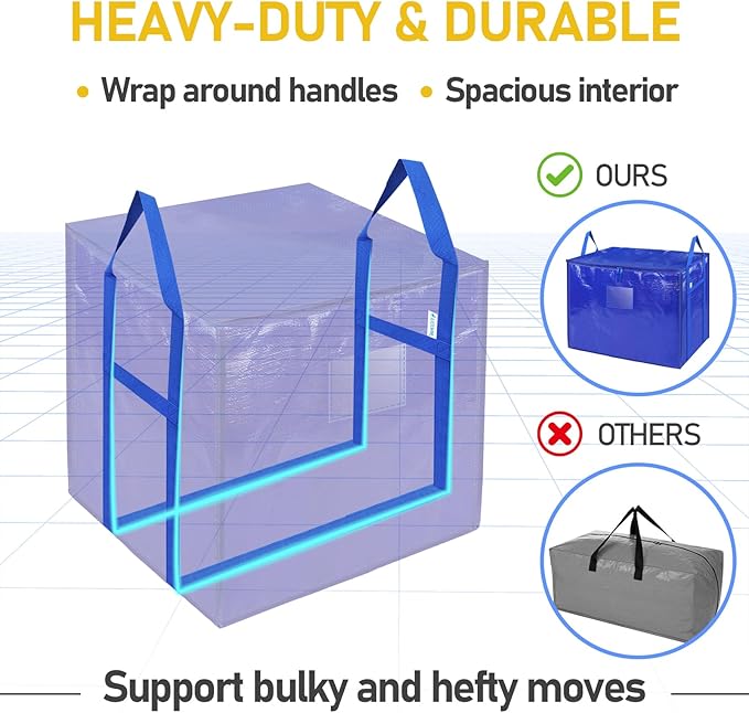 TICONN 4 Pack Extra Large Moving Bags with Zippers & Carrying Handles, Heavy-Duty Storage Tote Moving Boxes for Space Saving (4 PK, 60 Gallon)