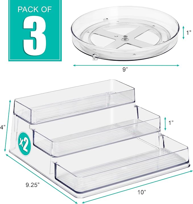 Sorbus Pantry Spice Organizer Set, 3-Tier Seasoning Organizer for Cabinet (2 Pack) and Lazy Susan Spice Rack Turntable 9-Inch, Spice Organization for Cabinet, Condiment Organizer Pantry & Refrigerator