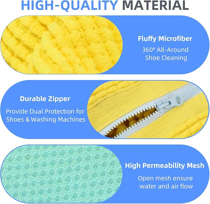 Shoe Washing Bag for Washing Machine,Fluffy Fibers Keep 360° Wrap-around Cleaning,2PCS Laundry Shoe Bag for Washer and Dryer,Invisible Zipper Side Opening Reusable Shoe Washing Bag for All Shoes
