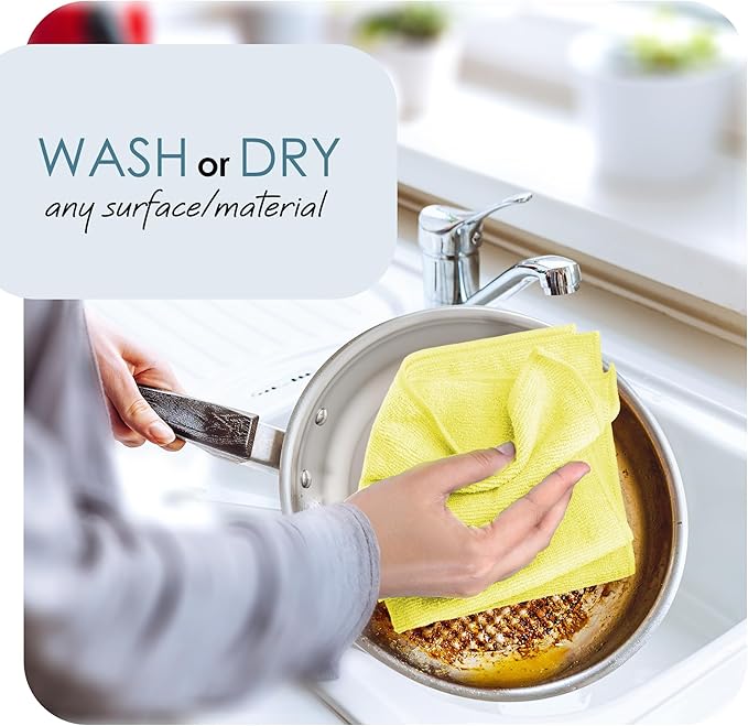 Hearth & Harbor Microfiber Cleaning Cloth Set - 12 Pack Yellow Washcloths, 12''x12'' Reusable Towels for Cars, Lint-Free Rags (V-HH-Cloth-M-12-Ylw)