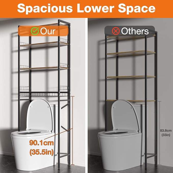 Over The Toilet Storage Rack 4-Tier Freestanding Bathroom Organizer Shelf Over Toilet with Adjustable Shelf & Basket, Space-Saving for Small Spaces, Rustic Brown