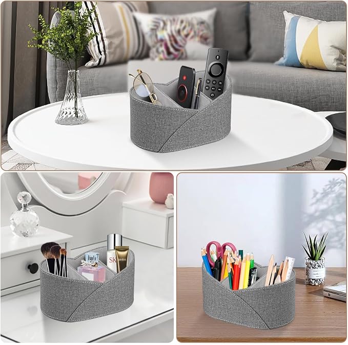 PU Leather Remote Control Holder with 3 Compartments, Modern Design Desk Accessories Workspace Organizer for Office/School/Home, Modern Nightstand Caddy Organizer for Makeup/Vanity/Stationery,Grey