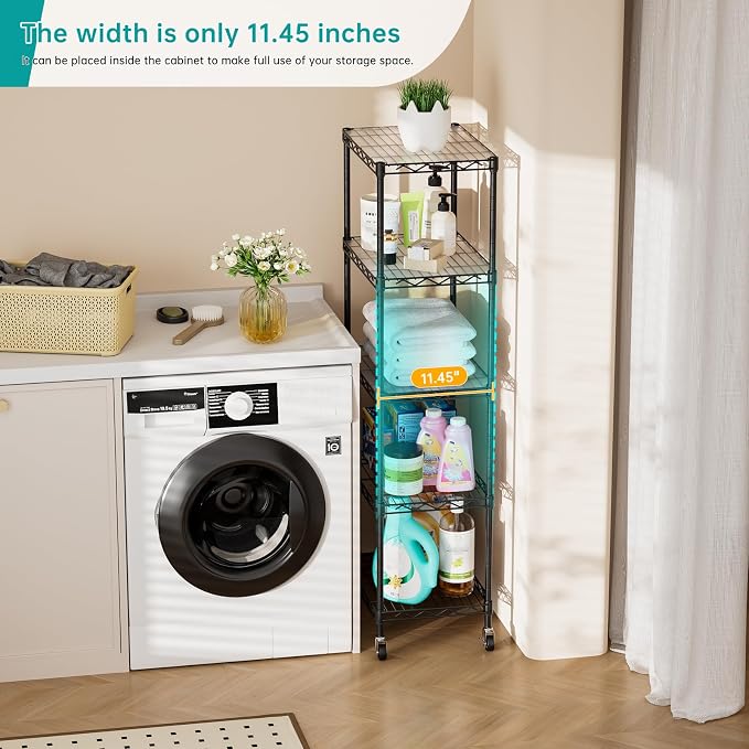 SINGAYE Small 5 Tier Shelves Wire Storage Shelving Adjustable Metal Shelf | With Wheels Home Storage Small Rack Pantry Closet Unit for Laundry Room Organization Bathroom Kitchen