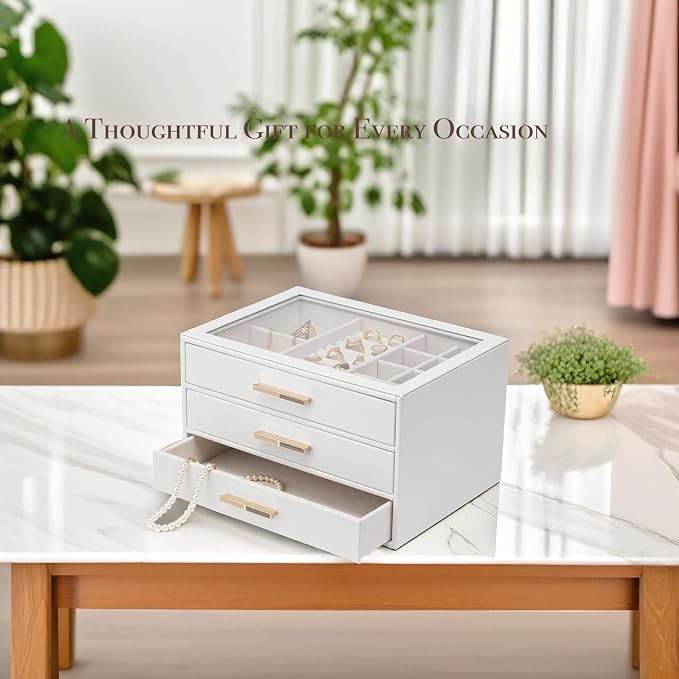 VLANDO 3-Drawer Jewelry Box with Glass Lid, Faux Leather Organizer for Rings Earrings Necklaces and More, Gift-Ready Jewelry Case for Women Girls or Moms, White