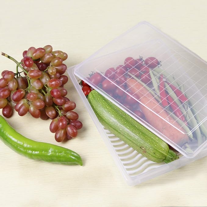 4PCS Food Storage Container, Plastic Food Containers Large | [With Removable Drain Plate and Lid], [Stackable Portable Freezer Storage Containers]-Tray to Keep Fruits, Vegetables, Meat