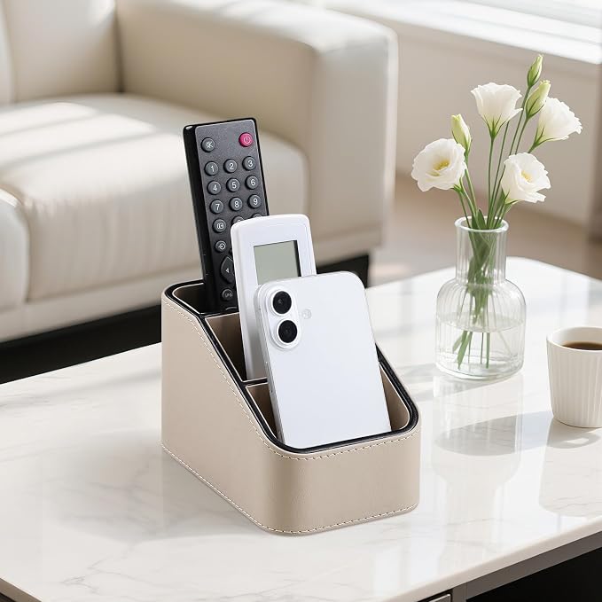 3 Compartments PU Leather Remote Control Holder, TV Remote Holder for Couch | Small Pen Desk Organizer for Office Bedside Living Room, Remote Caddy Nightstand Organizer