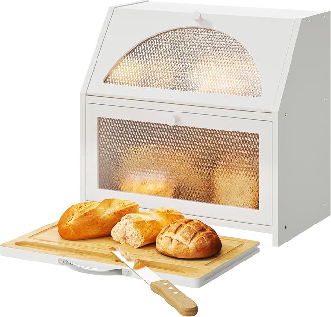STDDRE Bamboo Bread Box with Cutting Board, Double Layer Extra Large Bread Storage Bin with Door Panel for Kitchen Counter (White)
