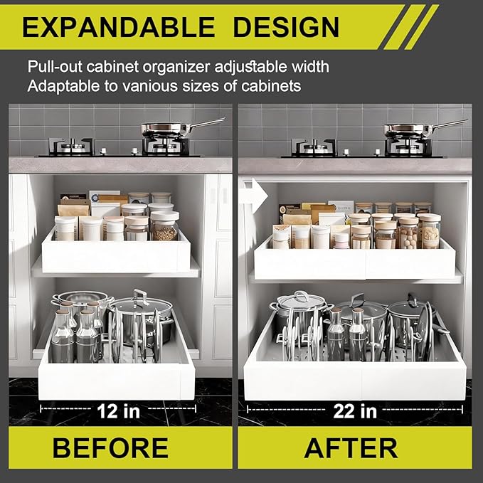1-Pack Expandable Pull Out Cabinet Organizer 21" Deep with 3 Slide Rails, Adjustable Width (12"-22") Drawer Organizer for Kitchen Pantry Base Cabinets, Fixed with Roll Out Shelves Adhesive, White