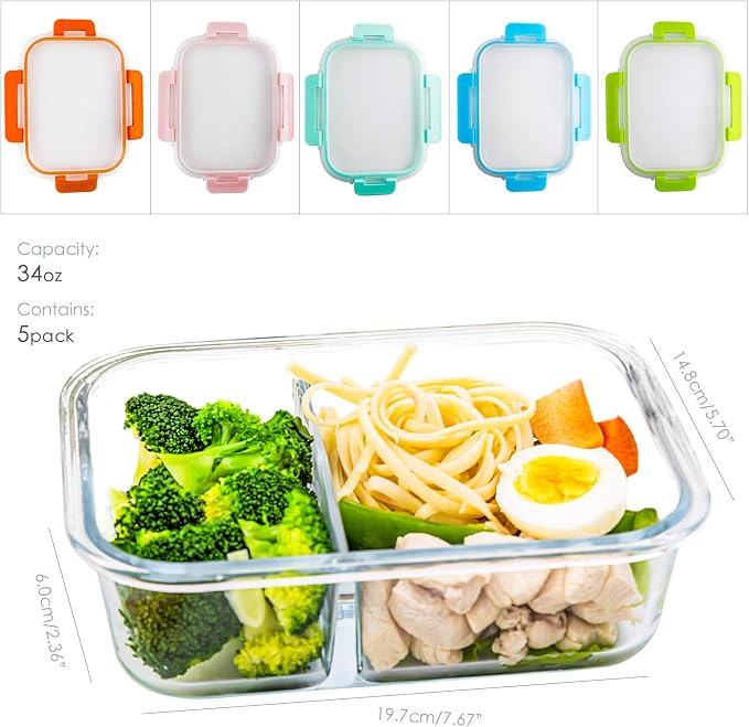 C CREST Glass Meal Prep Containers 2 Compartment Set, 5-Pack, 34oz | Glass Bento Boxes for Adults, Divided Glass Lunch Containers with Lids