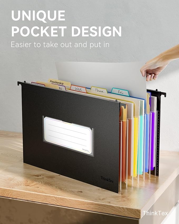 ThinkTex Plastic Expanding Hanging File Folders, 7 Innovative 1.2" Accordion Pockets, Large Capacity, Multi-Color Tabs, Legal Size for Filing Cabinet - 1 Pack