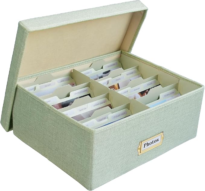 Linen Photo Storage Box – Holds 1700 Photos, Photo Organizer with Lid for Photo, Pictures, 24 Adjustable Dividers & 72 Labels Multi-Use Organizer Memory Box for Envelopes, Baby, Wedding, Cards Green