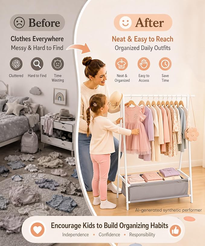 Homde Sturdy Kids Clothes Rack: 66 lb Capacity for Growing Wardrobe Needs | Hanging Rod Holds Clothes, Basket Stores Items Below - Helps Kids Build Tidy Habits - Angled Bamboo Side Frames Add Stability