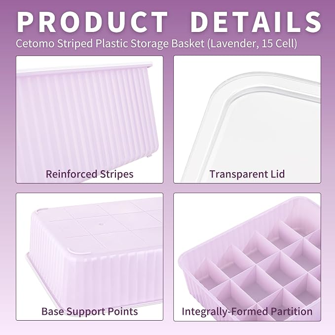 Cetomo 15 Cells Plastic Underwear Sock Drawer Organizer with Lid, Lidded Storage Box with Dividers for Bras and Socks, Basket for Closet, Stackable, Pink, 15 Compartments (31 x 24 x 8 cm)