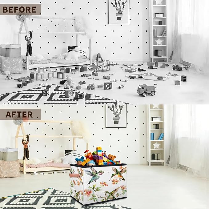 Hummingbird Closet Storage Bin, Foldable Storage Baskets for Shelves, Decorative Shelf Organizer Flower Bird Colourful Fabric Cube Bin for Living Room Bedroom Home Dorm