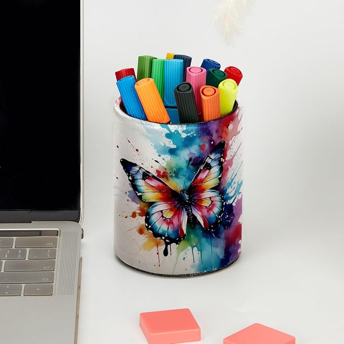Vibrant Butterflies Pen Holder Pencil Organizer for Desk, 3.1” x 3.1” x 3.9” Pencil Cup Office Supplies, Large Capacity Cute Pen and Makeup Brush Holder for Home, School, Desktop