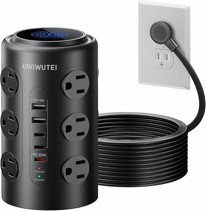 Tower Power Strip with 1 Dedicated PD 20W Fast-Charging Port, 12 Outlets, 5 USB Ports (3 USB-C), Desk Charging Station for Multiple Devices, 6FT Extension Cord（Black