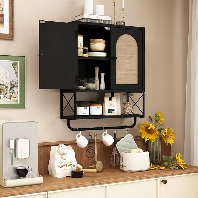 RUSTOWN Rattan Bathroom Wall Cabinet, Boho Over The Toilet Storage Cabinet | Arched Rattan Doors, Modern Medicine Cabinet, Adjustable Shelves, Towel Bar, Black