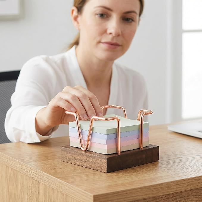 Wood Sticky Note Holder, 3 x 3 inch Self-Stick Note Memo Pad Holder for Desk, Notepad Dispenser for School Office, Rose Gold