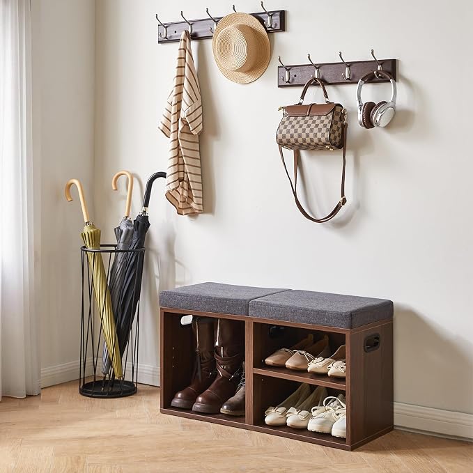 YMYNY Small Shoe Storage Bench with Cushion, Light Walnut, HBD028LW | 2 Tier Entryway Bench with Storage, Small Shoe Rack Bench with Adjustable Shelf for Entryway 11 x 15.3 x 16.5 Inches