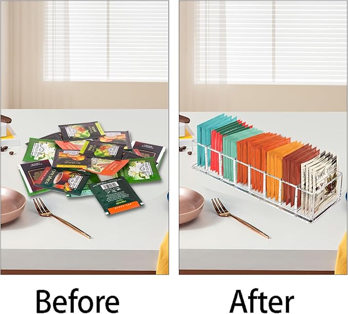 Tasybox Tea Bag Organizer, Tea Holder, Tea Organizers and Storage, 1 Pack | Acrylic Tea Organizer, Clear Tea Bag Holder, 8 Slot Tea Bag Storage Container for Drawer, Pantry, Kitchen, Cabinet Countertop