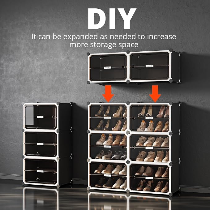 MAGINELS 6-Tier Shoe Rack,Expandable Plastic Shoe Cabinet. Shoe Storage with Door,Entryway, Closets, Hallway, and Bedroom.Accommodates Up to 24 Pairs of Shoes.Grey (3 by 10-(60 Pairs))