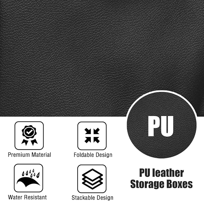 2PCS Storage Bins with Zipper Lid PU leather Storage Boxes Leather Fabric Collapsible Lidded Baskets Cube with Handle Decorative Shelves Closet Office Organizer Container(Black, Large Size)