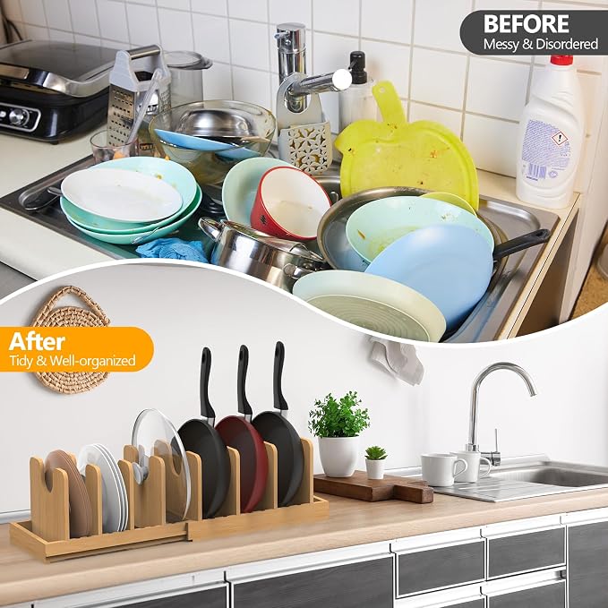 Pots and Pans Organizer under Cabinet,Pot and Pan Organizer,Lid Organizer | Expandable Bamboo Pan and Lid Organizer, 16" to 28" Adjustable Length and 10 Dividers