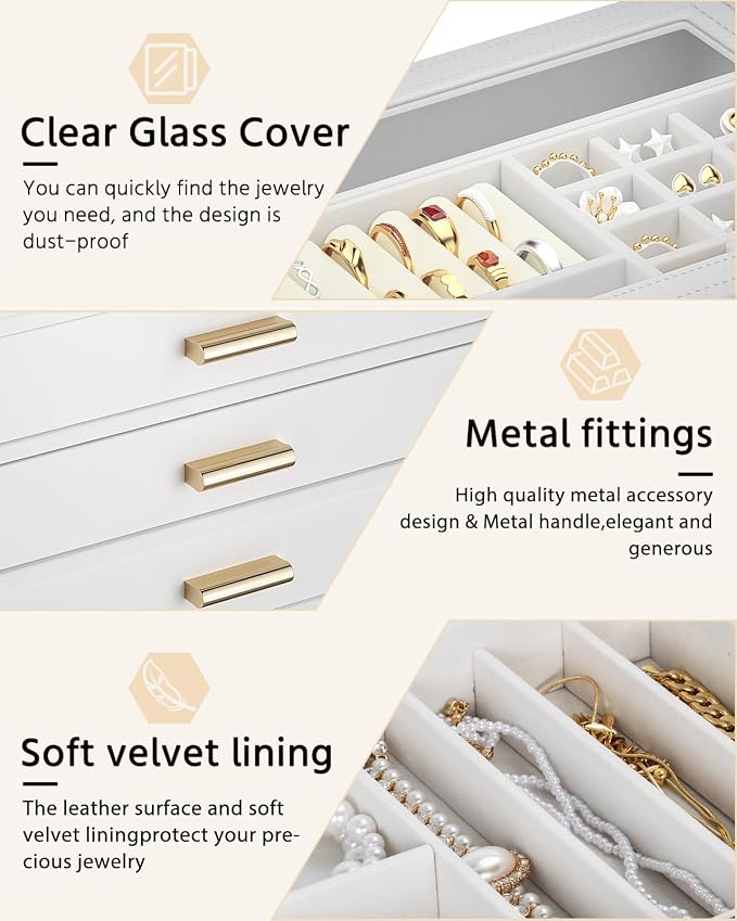 AKOZLIN Jewelry Box with Clear Lid Functional Leather Jewelry Storage Organizer Case 4 Drawers for Women Girls Necklace Ring Bracelet Earring
