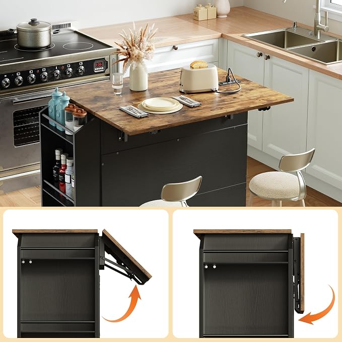 HOOBRO Kitchen Island with Drop Leaf Countertop & Power Outlet, Rolling Island Cart on Wheels, Kitchen Cart with Drawer & Spice Rack, Mobile Island Table for Kitchen, Black BF86UZD01