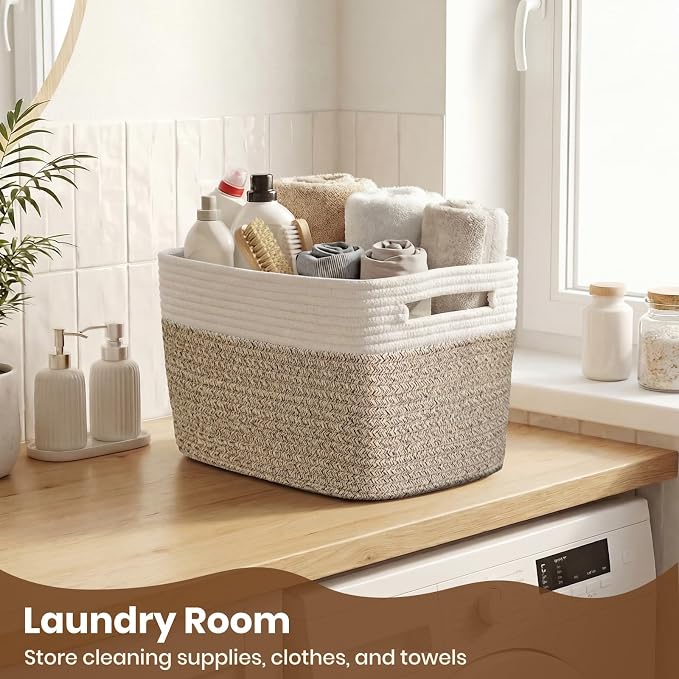 Storage Baskets for Organizing, 14 x 10 x 9” Closet Shelf Woven Baskets, Square Bins with Handles, Cotton Rope Basket for Clothes, Office, Room, White+Rice Brown 4 Pack