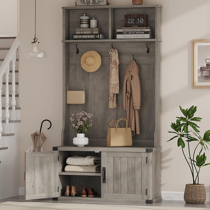 Garvee 77" H Farmhouse Hall Tree with Bench & Shoe Storage, Coat Rack | Mudroom Storage with 5 Tri-Hooks, Enclosed Cabinet, Adjustable Shelf, 2 Top Cubbies, for Entryway, Space Saving, Rustic Gray