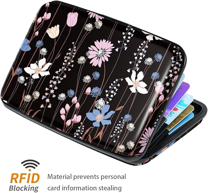 Coco Rossi Credit Card Holder RFID Aluminum Small Mini Wallet Women | Metal Wallet, Business Cards Holder, ID Case, Slim Sleeves, Womens Girls Gift, Carry Proof Wallets for Travel, Black Daisy