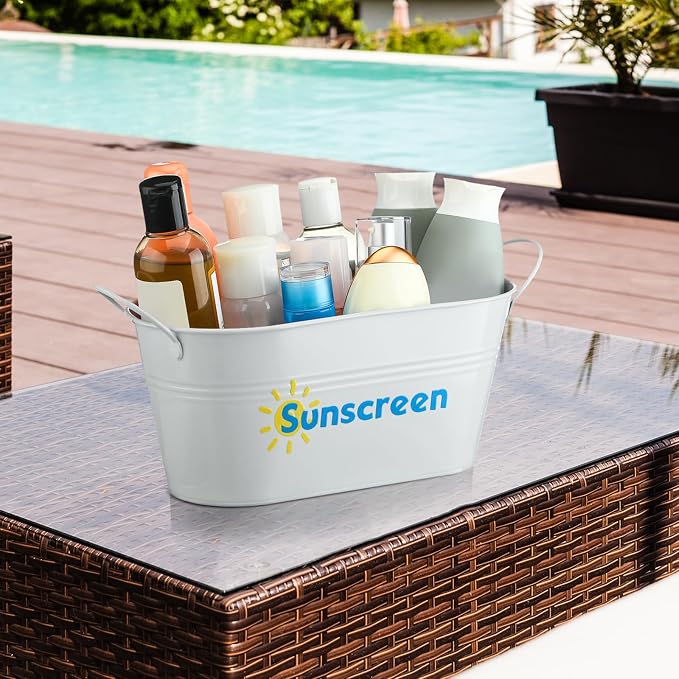 Blulu 1 Pcs Sunscreen Storage Bucket Summer Beach Basket Pool Poolside Box Container Swimming Pool Decor Waterproof Rust-proof Metal Bins for Indoor Outdoor Sunblock Toy Tools Goggles Accessories