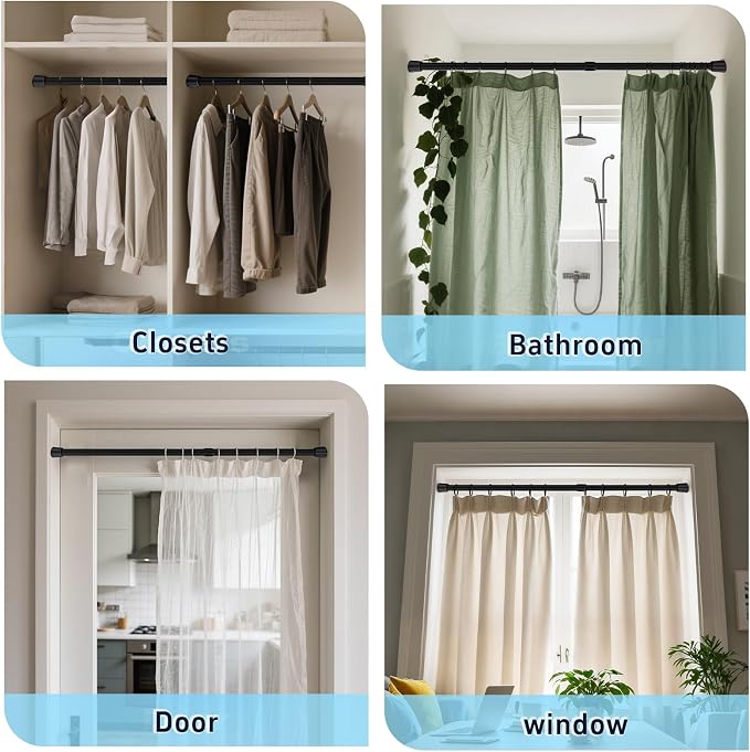 2 Pack Black Tension Rods, 41"-75" Adjustable Shower Curtain Rods, Heavy Duty No Drilling Rod, 11lbs Max Load, 1.2" End Cap, 19/22mm Tube, Metal, for Bathroom, Window, Bedroom, Doorway, Closet