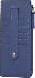 Leatherboss Genuine Leather Women's All in One Credit Business Card Case Holder Slim Zipper Wallet With a Card Protection Strap, Royal Blue