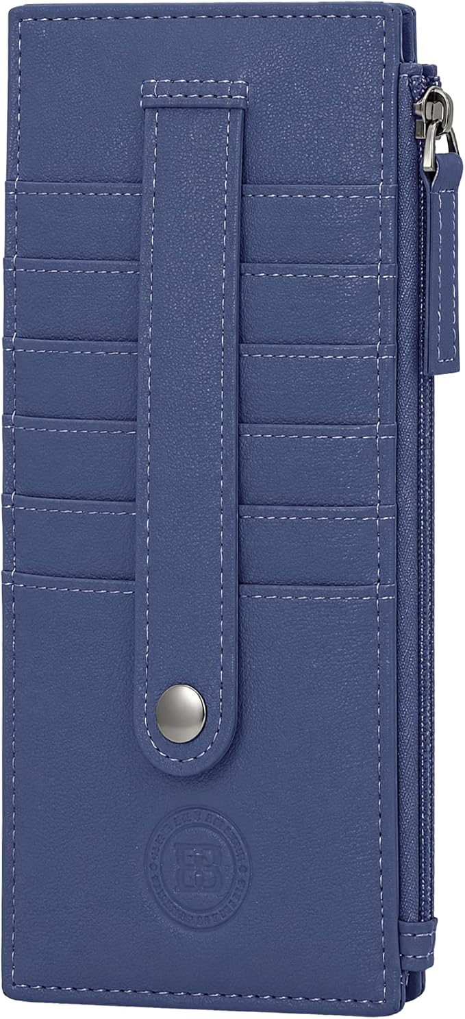 Leatherboss Genuine Leather Women's All in One Credit Business Card Case Holder Slim Zipper Wallet With a Card Protection Strap, Royal Blue