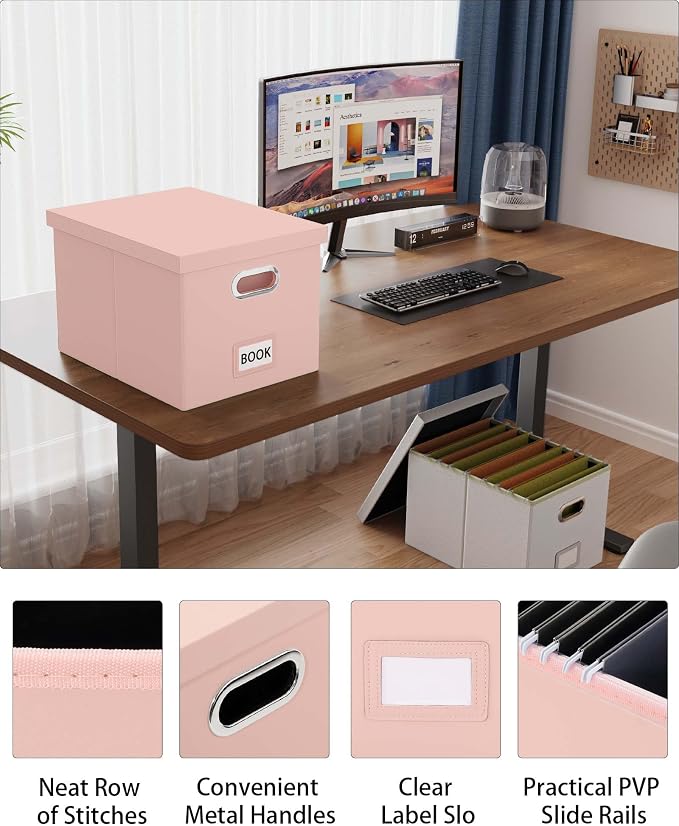Oterri File Organizer Box with Lid, Portable Hanging File Box for Letter/Legal Files, Office/Decor/Home, Cream-pink (Leather), 1 Pack