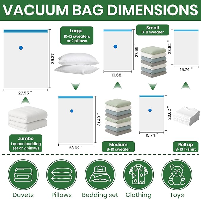 Vacuum Storage Bags,10Pack Vacuum Seal Bags for Clothing,Bedding,Clothes,Comforters,Blankets,Pillows-5 Jumbo+5Large Space Bag Vacuumm Storage Bag Hand Pump Inclued