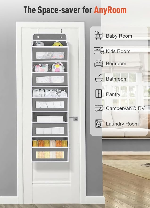Over The Door Organizer Storage with 10 Pockets, 5 Shelf Hanging Door Storage Organizer for Nursery, Pantry, Bathroom & Bedroom, Reinforced Shelves,Holds up to 48lbs