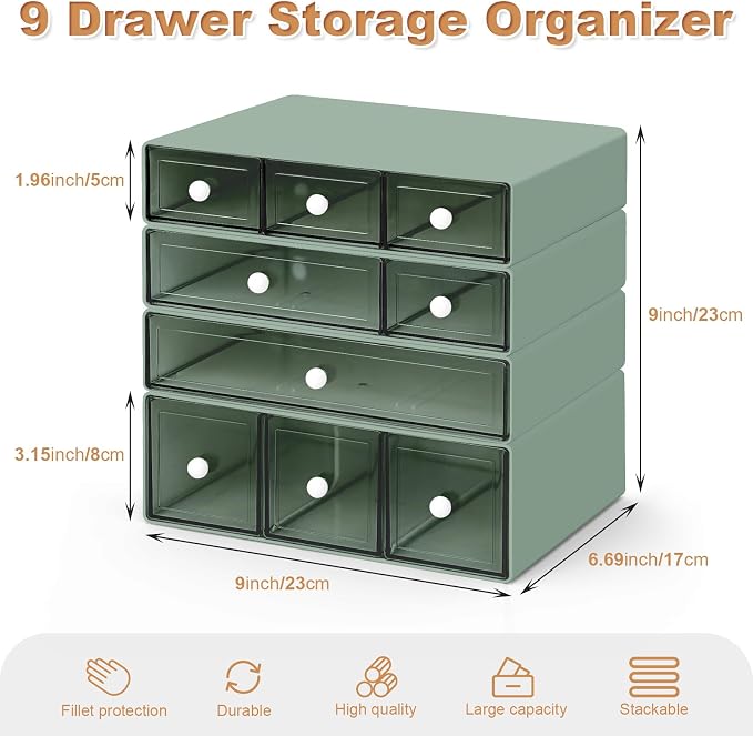 Desk Organizer with 9 Drawers, 4 Tier Plastic Stackable Storage Drawers for Desk Storage, Office Stationary Makeup Organizer Suit for Home, Office and School